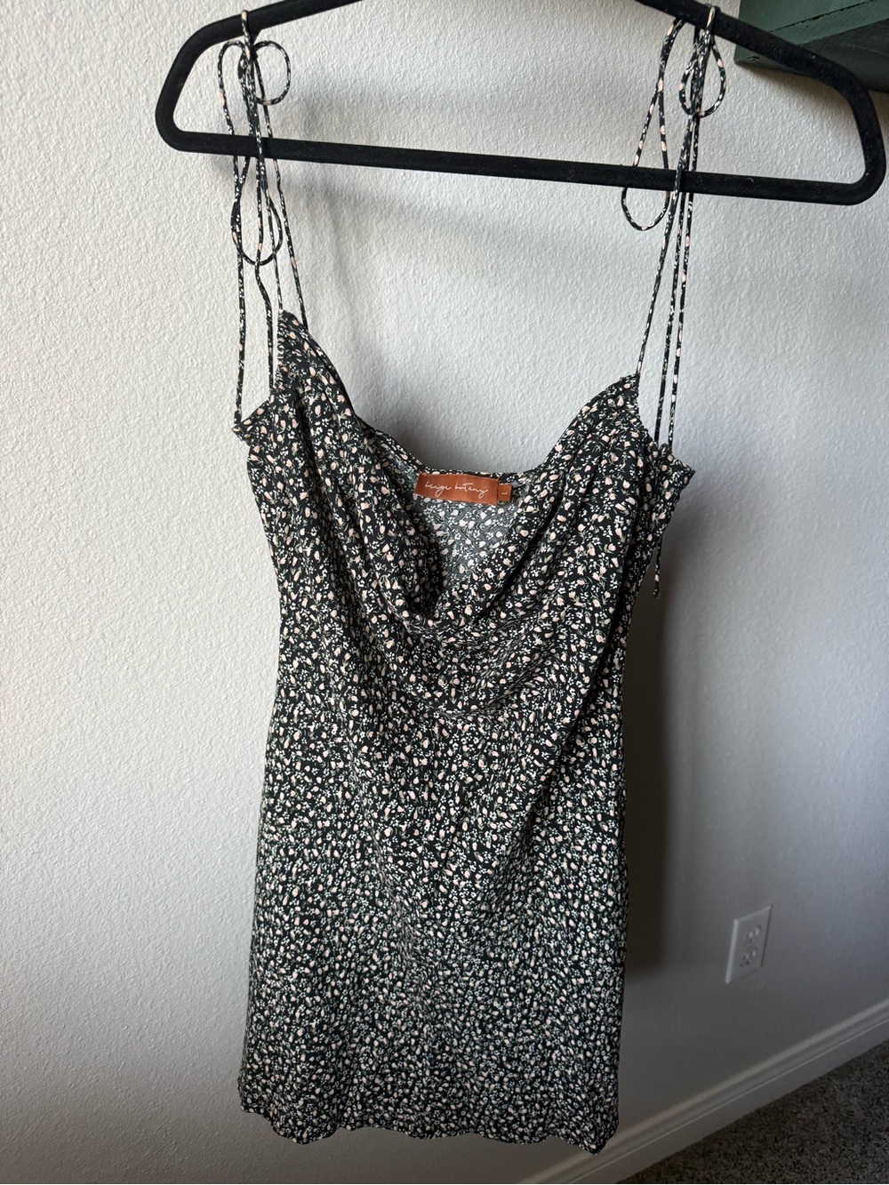 Black Floral Cowl Mini Dress with Tie Straps